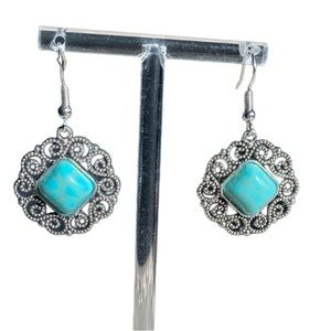 Vintage Silver Boho Style Drop Filigree Dangle Earrings With Turquoise stone New